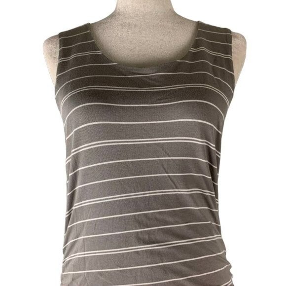 Athleta Sleeveless Maxi Dress S Grey White Striped Ruched Sides Lined Stretch - Picture 1 of 4